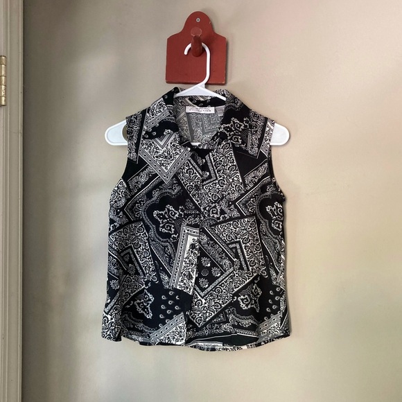Vintage Giorgio Fiozlini Black & White Bandana Print Collared Tank Top S - Picture 2 of 6